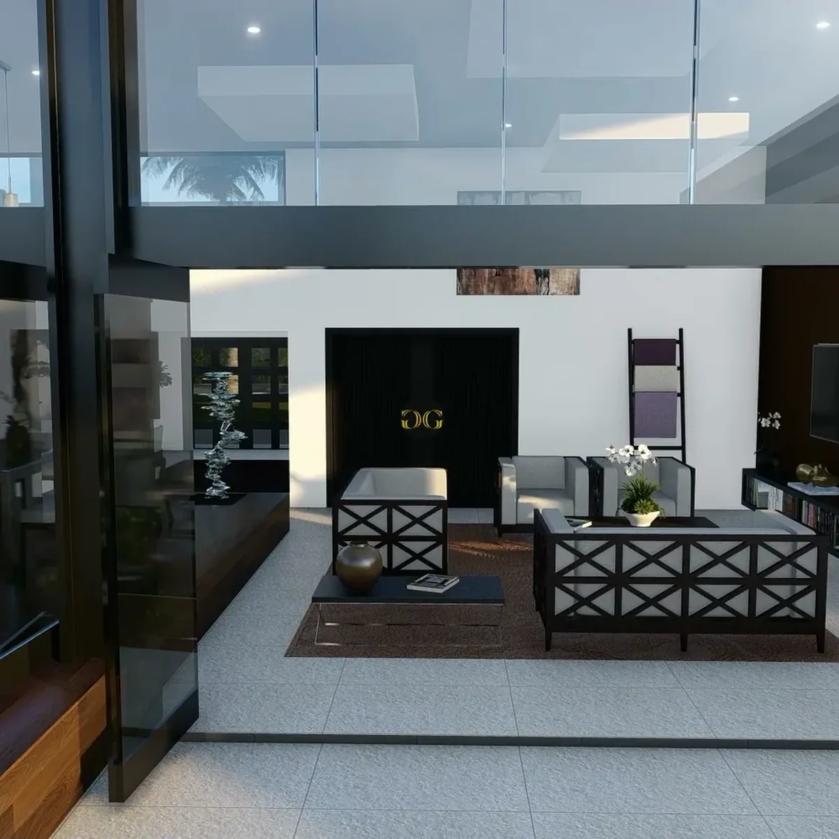 Luxury living and dining with custom feature wall